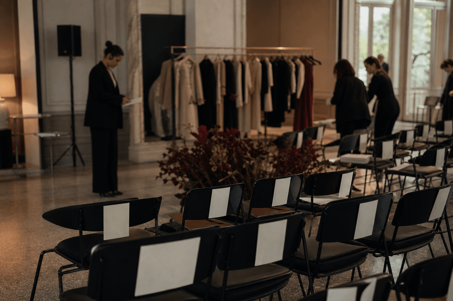 Fashion event preparation with seating, press materials and garments before guests arrive.