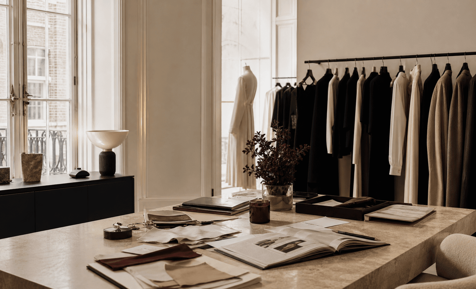 Quiet luxury fashion showroom with garments, swatches and editorial PR materials.